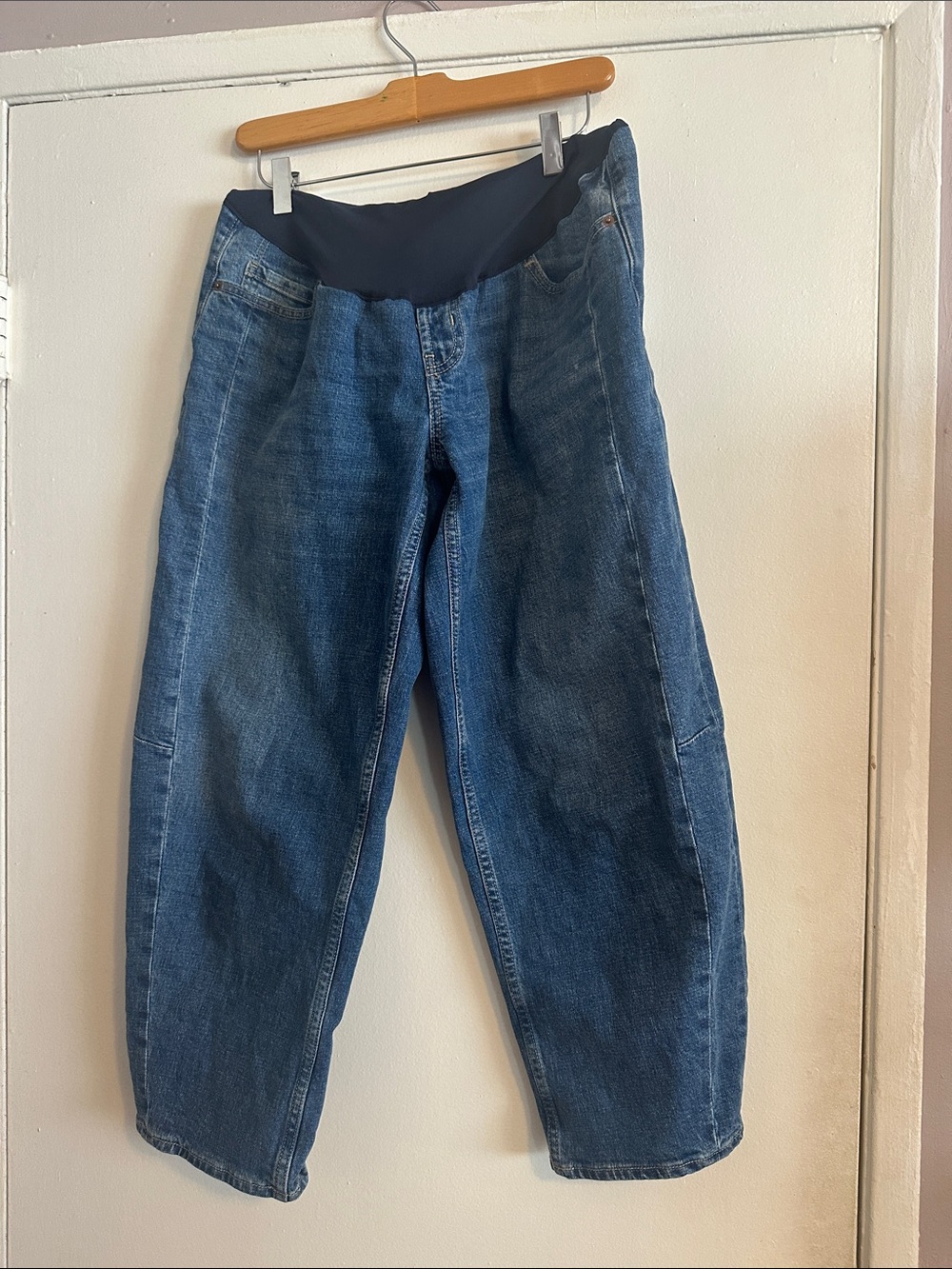 Maternity Dark Blue Denim Jeans with Stretch Waistband Barrel Leg Full Panel